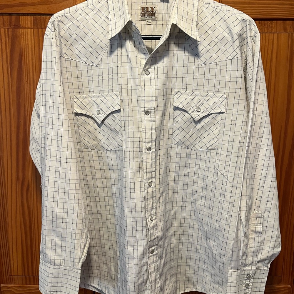 Ely Cattleman White Checkered Dress Long Sleeve Pearl Snap Shirt Size XL